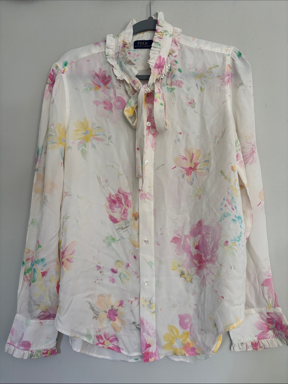 Polo by Ralph Lauren White Floral Tie-Neck Blouse with Pink & Yellow Accents